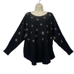 Adrienne Vittadini Sweater 1X Black Star Studded Rhinestone New Years Patriotic